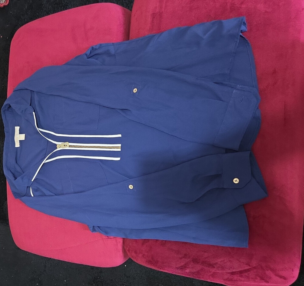 Michael Kors Blouse XL Navy Blue Zip Front Roll Tab Sleeve Shirt Gently Used - Picture 15 of 16